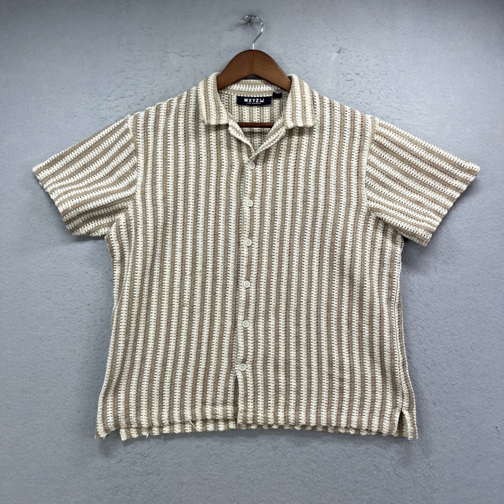 WXYZ Los Angeles Crochet Shirt Mens Small Tan Stripe Button Up Knit Boho Casual